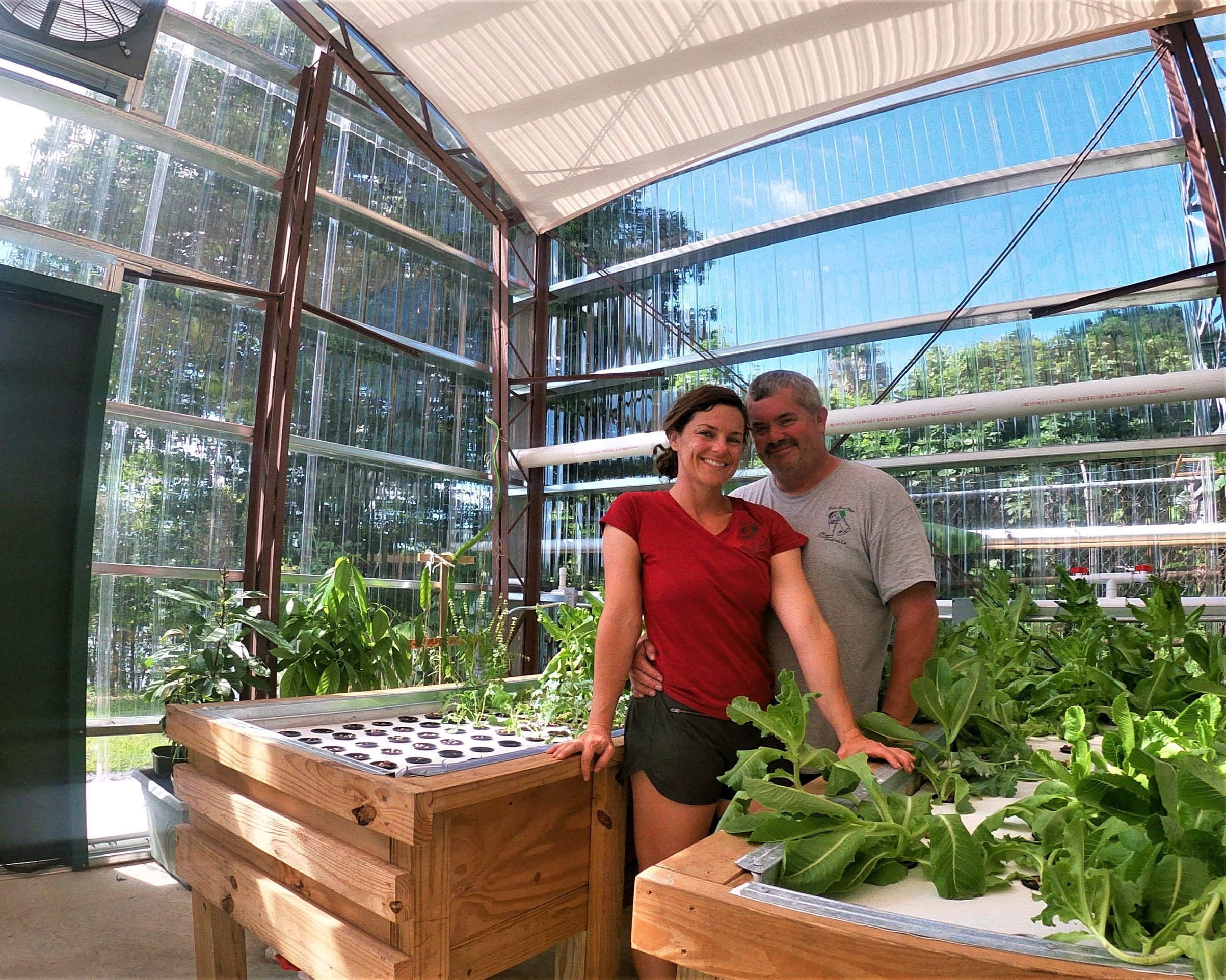 Couple standing in a modern greenhouse, surrounded by lush greenery and hydroponic plants. The structure features large glass panels that allow natural light, enhancing the growth of vegetables and herbs.